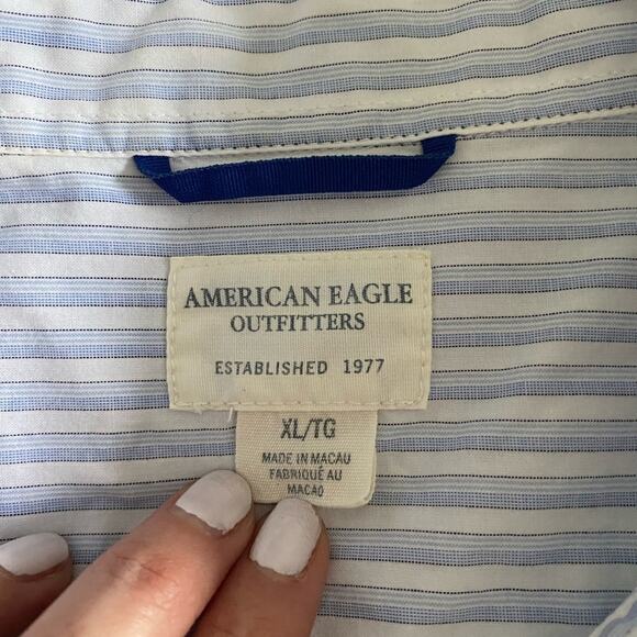 American‎ Eagle Outfitters Blue White Striped Short Sleeve Button Up Sz XL - Picture 5 of 7